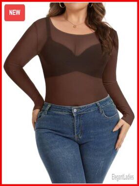 Women's Sheer Mesh Long Sleeve Bodycon Blouse Plus Size See Through Top